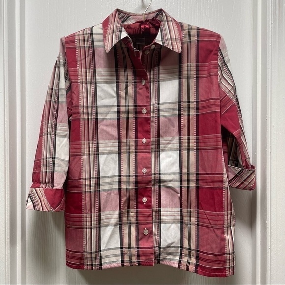 Allison Daley Petite Shirt Collar Button Up Plaid Stripe 3/4 Flip Split Cuff Top - Picture 1 of 12